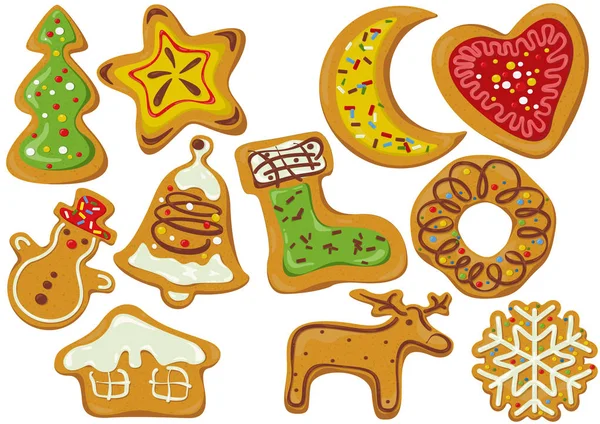 Set Galletas Jengibre Decoradas Navidad Once Panes Jengibre Decorados Con — Vector de stock