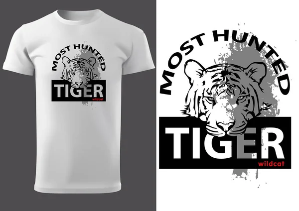 Fehér Póló Nyomtatás Design Tigris Fejjel Felirattal Legtöbb Vadászott Tigris — Stock Vector