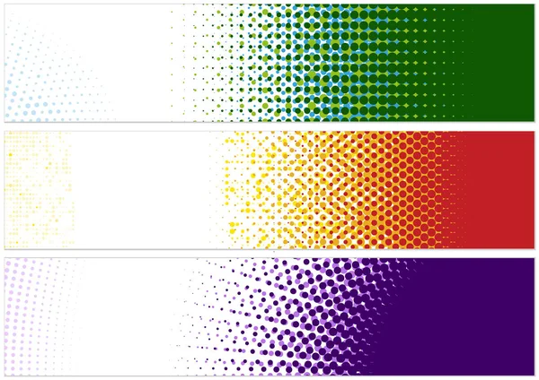 ハーフトーンパターンのウェブバナーデザインテンプレート カラフルな点線の効果を持つ3つの抽象イラストのセット ベクトル — ストックベクタ
