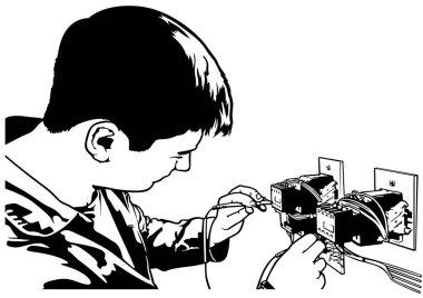 Elektrikçi Elektrik Kurulumu ve Kabloları Test Etti - Siyah ve Beyaz Çizim, Vektör Grafiksel