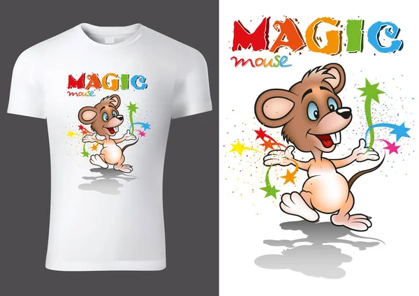 Projeto Branco Shirt Criança Com Caráter Rato Dos Desenhos Animados — Vetor de Stock