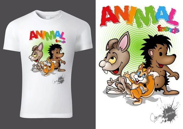 Projeto Branco Shirt Criança Com Personagens Animais Dos Desenhos Animados — Vetor de Stock