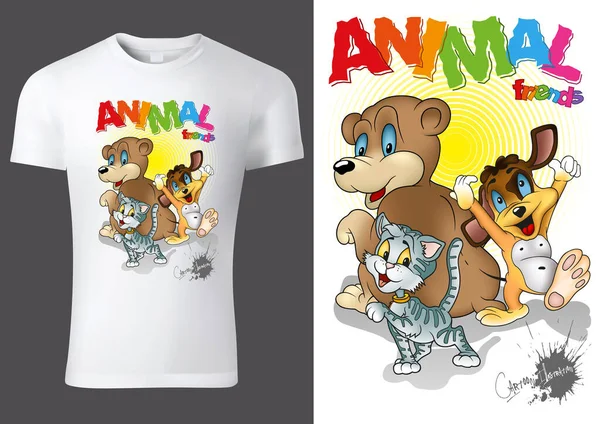 Projeto Branco Shirt Criança Com Personagens Animais Dos Desenhos Animados — Vetor de Stock