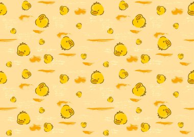 Sarı Arkaplanda Ördek ve Fırça Darbeleriyle Kusursuz Bebek Şablonu - Tekrarlanan Baskı Doku İllüstrasyonu, Vektör