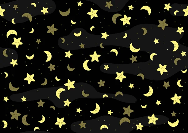 Seamless Baby Pattern Yellow Stars Moon Clouds Black Background Repetitive — стоковий вектор