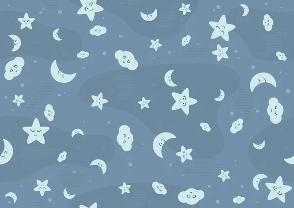 Seamless Baby Pattern Stars Moon Clouds Repetitive Print Texture Blue — Stock Vector