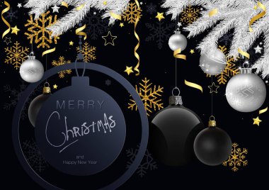 Altın ve Gümüş Noel süsleri ile Mutlu Noeller kartı - Gümüş Ladin dalları ve Altın Tasarım elementleri ile Siyah Arkaplan İllüstrasyonu, Vektör