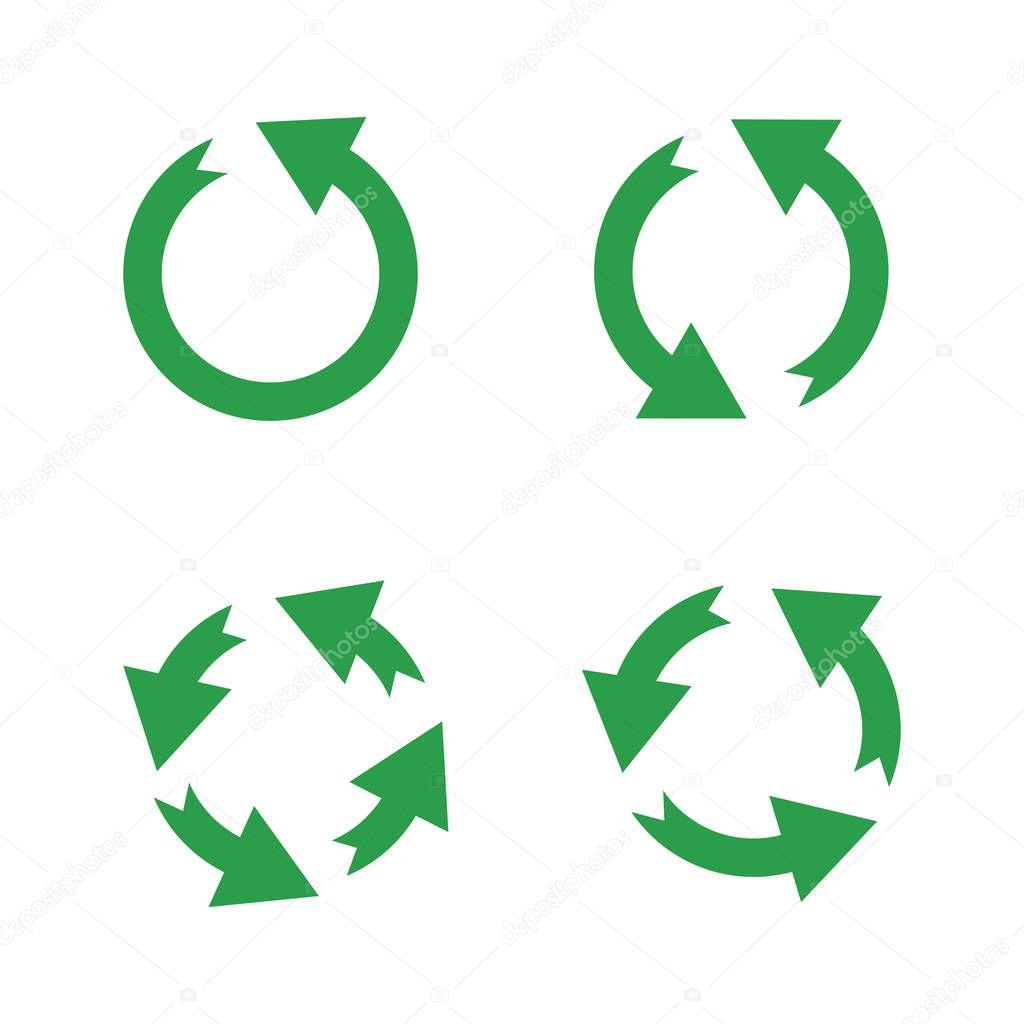 Green reusable arrow icons, eco recycle or recycling vector signs isolated on white background