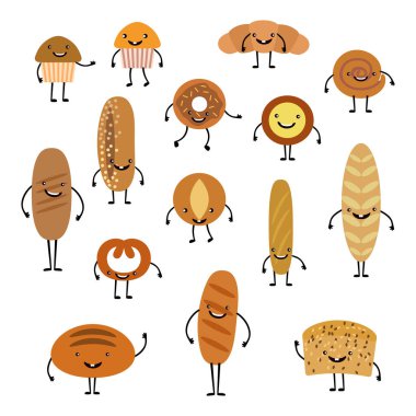 Karikatür mutlu ekmekkarakter seti, kawaii kruvasan ve pasta, sevimli çikolatalı muffin ve baget ifade vektör illüstrasyon yüzleri
