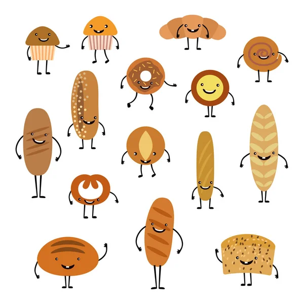 Desenhos animados pães felizes rostos conjunto de personagens, croissant kawaii e pastelaria, muffin de chocolate bonito e baguete expressão vetor ilustração Gráficos Vetores