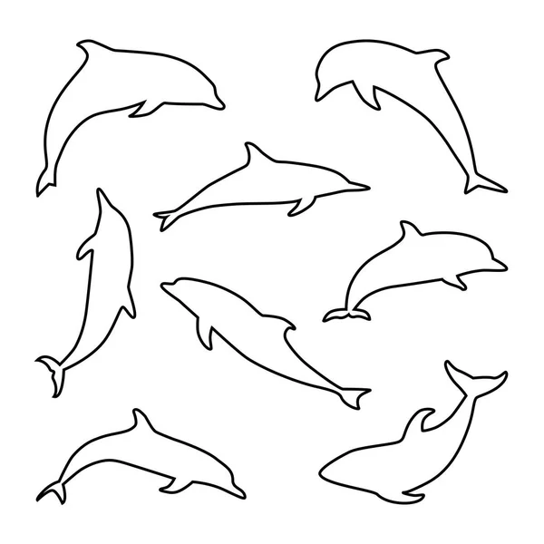 Conjunto de delfines aislados en estilo de contorno Vector De Stock