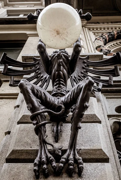 Turin Italy Mysterious Giant Gargoyle Lamp Public Street Dated 1850 — Stock Photo, Image