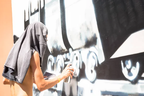 Turin Italy June 2018 Anonymous Graffiti Artist Working His Piece — Stock Photo, Image