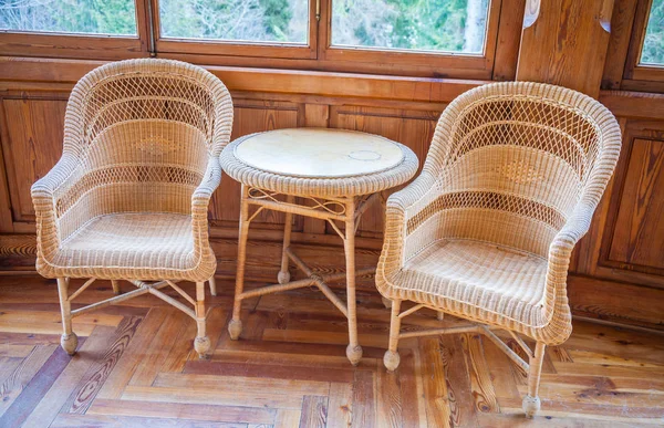 Couple Italian Wickler Chairs Table Part Original Furniture 1910 1920 — Stock Photo, Image