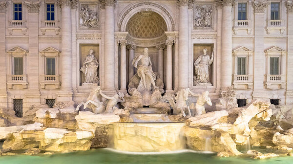 Rome, Italy. Trevi fountain at night, the masterpiece of Italian classical baroque architecture.