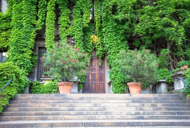 MILAN, ITALY - CIRCA AĞUSTOS 2020 - Bu eski İtalyan binasının doğa ve emlak entegrasyonu