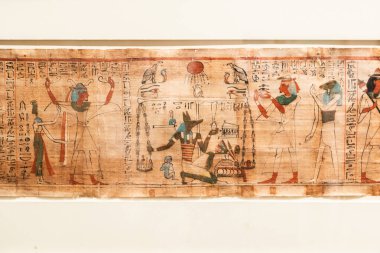 Torino, İtalya - Nisan 2025: Mısır Müzesi. Orijinal antika papirüs, Eski Mısır dilinde yazılmış, 27-22 sent. BC