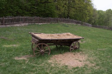 Ahşap bir çitin arkasında yeşil bir çayırda saman taşıyan eski ahşap bir araba.
