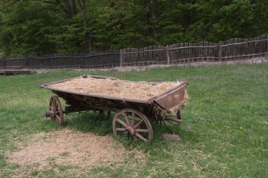 Ahşap bir çitin ve ormanın arka planında yeşil bir çayırda saman bulunan eski ahşap bir araba.