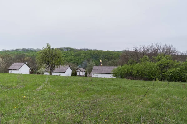 Beau paysage rural ukrainien avec des cabanes blanches et une église sur un fond de forêt verte — Photo