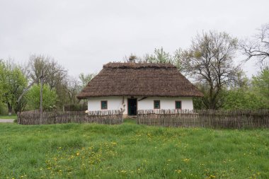 Güzel manzara. Kamış çatılı ve ahşap çitli geleneksel Ukrayna kulübesi