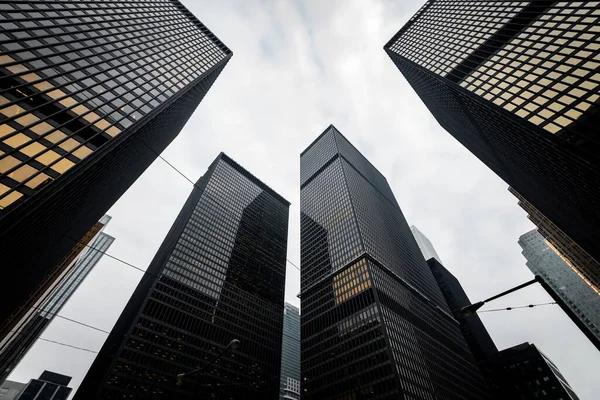 Toronto şehir merkezindeki modern gökdelenlerin alçak açılı görüntüsü.
