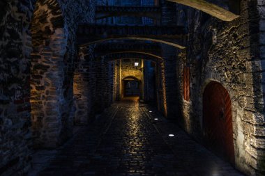 Tallinn, Estonya 'daki Aziz Catherine Geçidi' nin gece manzarası. Eski Dominik Manastırı 'nın bazı kalıntılarını içeren bir ortaçağ geçidi..