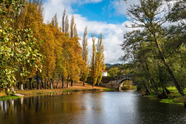 Höst Lövverk Och Medeltida Romerska Bron Reflekteras Vattnet Den Galiciska — Stockfoto