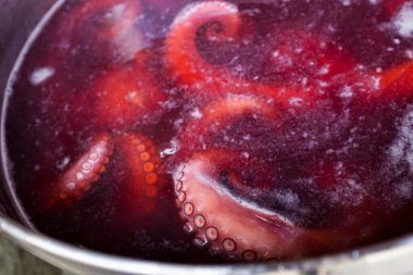 Octopus, İspanya 'nın başkenti Ourense' de haftalık pazarda Galiçya usulü bir tezgah hazırlıyordu. Ahtapot geleneksel olarak, tatillerde ve pazarları, tuz, paprika ve o ile dilimlenmiş ve servis edilen büyük pirinç kutularda saatlerce kaynatılır.