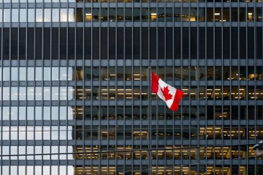 Canadian flag in front of a modern office building at dusk downtown Toronto, with illuminated office spaces. clipart