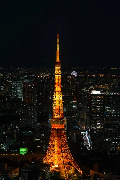 六本木ヒルズの高層ビルの一番上から見える夜の東京の街並と 暗闇に輝く照明付きの東京タワー 長時間露光 — ストック写真