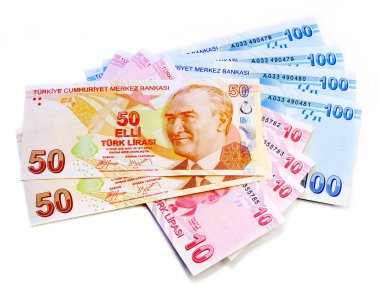 Türk banknotları. 50 10 ve 100 TL kağıt fatura.