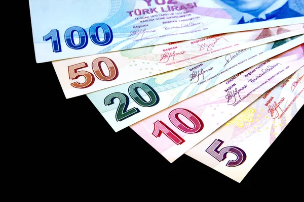 Bunch Money Isolated Black Turkish Banknotes — Stock Photo, Image