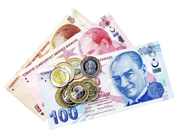 钞票上的硬币和土耳其钞票堆在一起 — 图库照片