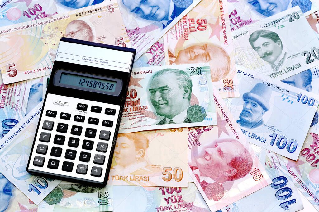Calculator on money with Turkish banknotes