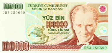100,000 Lira Türk eski banknotu, ön tarafta.