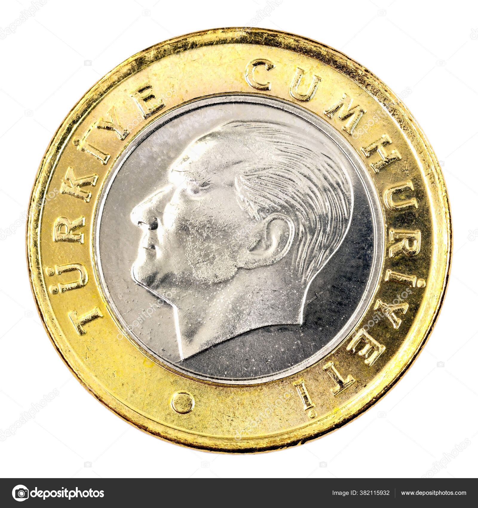 一枚土耳其里拉硬币白色背景分离——图库图片© faraways #382115932
