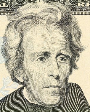 Başkan Andrew Jackson 'ın 20 dolarlık banknotta resmedildiği gibi Macro portresi. 20 dolar ön ödeme.