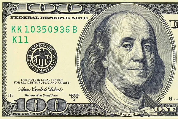 Μακρο Βολή Των 100 Δολαρίων Benjamin Franklin Όπως Απεικονίζεται Στο — Φωτογραφία Αρχείου