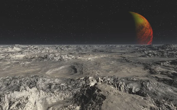 Image Shows Rocky Desert Alien Planet Her Hot Moon — Stock Photo, Image