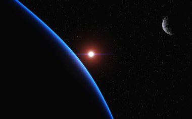 Bu resim bir sunrising onun moon ile mavi gezegenden gösterir