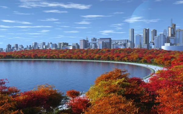这个图像显示了一个秋天的地平线与公园 图库图片