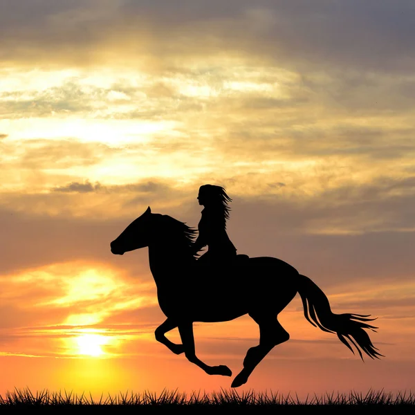 Silhueta Preta Uma Mulher Montando Cavalo Nascer Sol — Fotografia de Stock