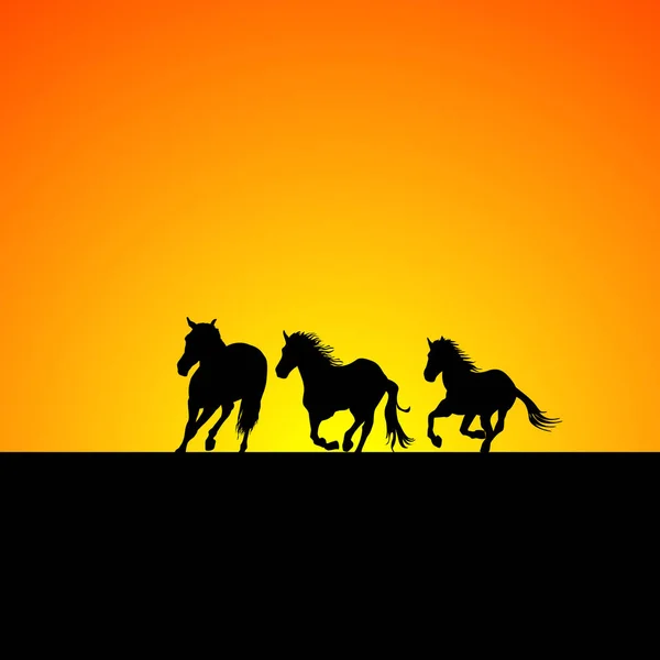 Silueta Tres Caballos Galopando Amanecer — Vector de stock