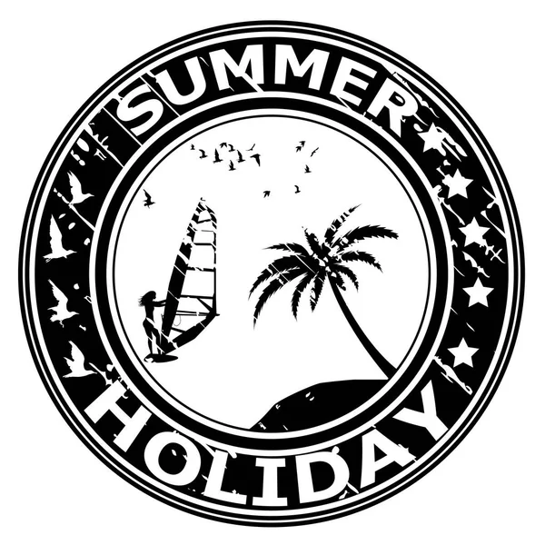 Selo Borracha Férias Verão Com Palmeira Silhueta Surfista — Vetor de Stock