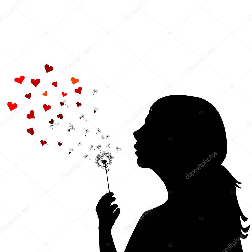 Girl blowing on dandelion and the seeds are transforming into hearts