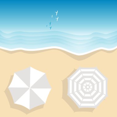 Deniz Beach iki plaj şemsiyeleri, karikatür tarzı ile havadan görünümü