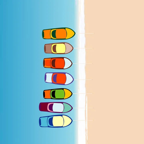 沙滩上的小船停泊的鸟瞰图 卡通风格 — 图库矢量图片