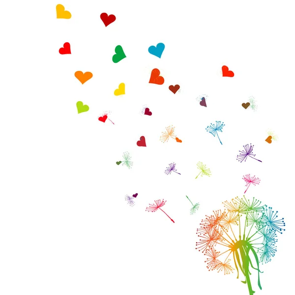 Pissenlit Coloré Avec Des Graines Qui Transforment Dans Les Cœurs — Image vectorielle