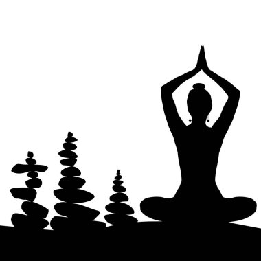 Yoga duruş ve dengeli taşlar kadın silüeti